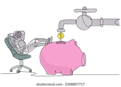 Continuous one line drawing astronaut sit relax on chair to see money faucet flow into savings piggy bank. Donations continue to flow. Cosmonaut deep space. Single line draw design vector illustration