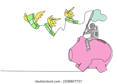 Continuous one line drawing astronaut riding piggy bank catching flying banknotes. Hit by financial crisis. Investors do various things. Space expeditions. Single line draw design vector illustration