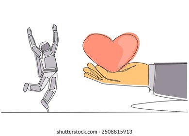 Continuous one line drawing the astronaut is happy to get love from the giant hand. Welcomed by loved ones on earth. A very successful mission. Cosmonaut. Single line draw design vector illustration