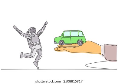 Continuous one line drawing astronaut excited to get miniature car from giant hand. Vehicle. Ease of accommodation. Right of ownership. Reward. Cosmonaut. Single line draw design vector illustration