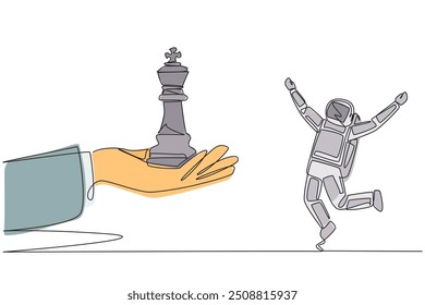 Continuous one line drawing astronaut excited to get king's chess piece from giant hand. Get support from important people. Awesome space mission. Spaceman. Single line draw design vector illustration