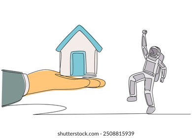 Continuous one line drawing the astronaut excited to get a miniature house from giant hand. The astronaut arrives back home. Rest. Cosmonaut outer space. Single line draw design vector illustration