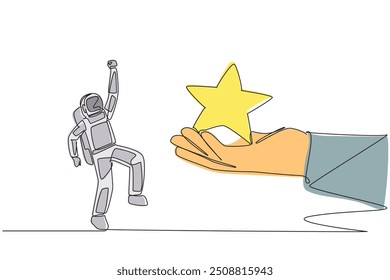 Continuous one line drawing astronaut was happy to get a star from the giant hand. Achieving dreams. An extraordinary success for an astronaut. Cosmonaut. Single line draw design vector illustration