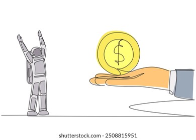 Continuous one line drawing astronaut excited to get dollar symbol coin from a giant hand. Gold money. Cash. Space mission success. Cosmonaut outer space. Single line draw design vector illustration