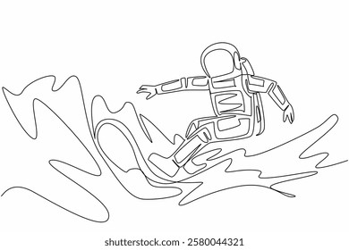 Continuous one line drawing astronaut surfing with waves behind. Surfing fun in space. Floating freely without obstacles. Cosmonaut. National Astronaut Day. Single line draw design vector illustration