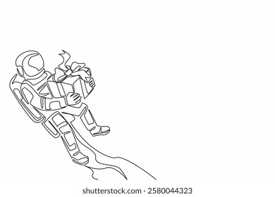 Continuous one line drawing astronaut flying using jetpack and holding gift box. Technology that makes human life easier. A memory. National Astronaut Day. Single line draw design vector illustration