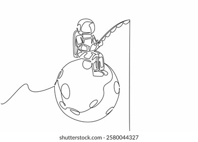 Continuous one line drawing astronaut fishing while sitting on full moon. Symbolism of releasing boredom, sleepiness and fatigue. National Astronaut Day. Single line draw design vector illustration