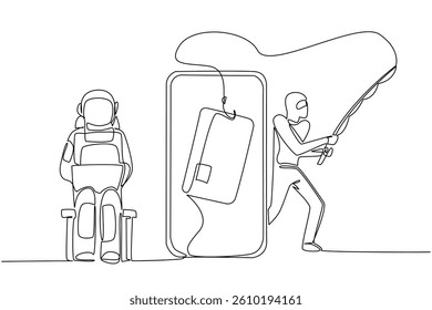 Continuous one line drawing astronaut sits on laptop and thief fishes large credit card. Systematic hacking. Big loss. National Senior Fraud Awareness Day. Single line draw design vector illustration