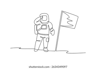 Continuous one line drawing of astronaut standing next to a flag on the moon. Professional job profession minimalist concept. Single line draw design vector graphic illustration