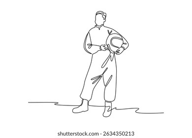 Continuous one line drawing of astronaut take a pose before fly to space. Professional job profession minimalist concept. Single line draw design vector graphic illustration