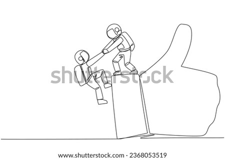 Continuous one line drawing astronaut helps colleague climb big finger gesture thumbs up. Working together towards success. Positive vibes. Cohesiveness. Single line draw design vector illustration