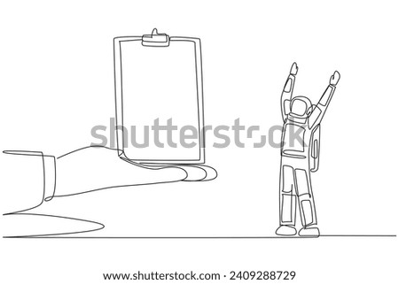 Continuous one line drawing the astronaut was excited to get the clipboard from a giant hand. Making checklists. Manual expedition recording. Cosmonaut. Single line draw design vector illustration