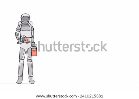 Continuous one line drawing astronaut holds roller with paint and bucket of paint. Future house decoration. Preparation home reparation. Cosmonaut outer space. Single line design vector illustration