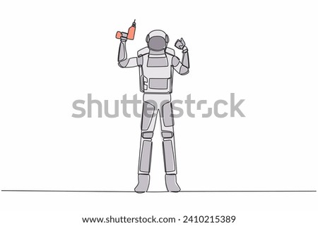 Continuous one line drawing astronaut hold electric drill tool for repair household. Home decoration. Preparation house reparation. Cosmonaut outer space. Single line draw design vector illustration