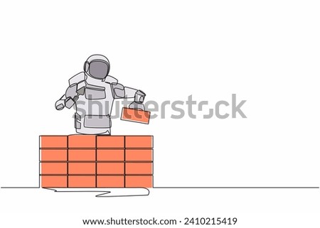 Continuous one line drawing astronaut building brick wall. Future house development. Preparation home reparation on moon surface. Cosmonaut outer space. Single line graphic design vector illustration