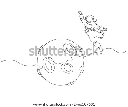 Continuous one line drawing of astronaut on the moon. One line drawing illustration of astronaut exploring outer space. Cosmic galaxy discovery concept continuous line art. Editable outline.