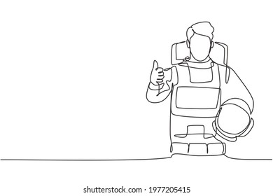 Continuous one line drawing astronauts with a thumbs-up gesture wearing spacesuits to explore outer space in search of the mysteries of universe. Single line draw design vector graphic illustration.