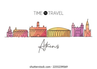 Continuous one line drawing Athens city skyline, Ohio. Beautiful landmark. Beautiful world landscape tourism travel wall decor poster, postcard. Single line draw design vector graphic illustration