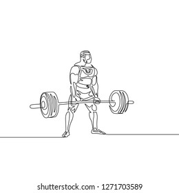 Continuous one line drawing athlete perform deadlift. Powerlifting, sport theme.