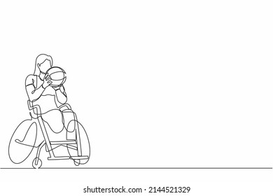 Continuous one line drawing athlete in wheelchair play basketball   woman training for tournament game  sport for invalid person  Accessibility   diversity  Single line graphic design vector