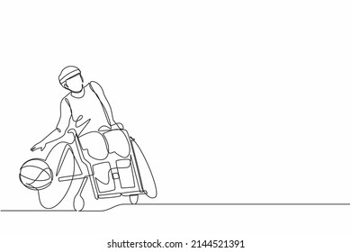 Continuous one line drawing athlete playing basketball sitting in wheelchair.  man with paralyzed legs training with ball. Person with disability doing sports. Single line draw design vector