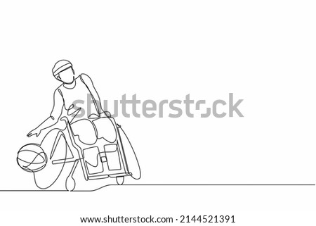 Continuous one line drawing athlete playing basketball sitting in wheelchair.  man with paralyzed legs training with ball. Person with disability doing sports. Single line draw design vector