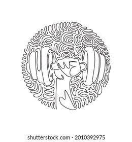 Continuous one line drawing athletic sportsman arm holding dumbbell. Fitness workout. Barbell and strong hand fist. Swirl curl circle background style. Single line design vector graphic illustration