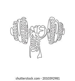 Continuous one line drawing athletic sportsman arm holding dumbbell. Fitness workout. Barbell and strong hand fist. Swirl curl style. Power lifting. Single line draw design vector graphic illustration