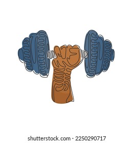 Continuous one line drawing athletic sportsman arm holding dumbbell. Fitness workout. Barbell and strong hand fist. Swirl curl style. Power lifting. Single line draw design vector graphic illustration