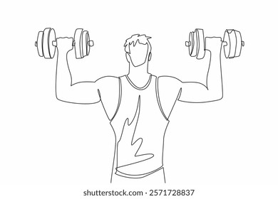 Continuous one line drawing an athletic male lifting a dumbbell with each hand. Practice every day. Forms bigger muscle mass. Fit. National Fitness Day. Single line draw design vector illustration