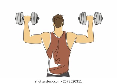 Continuous one line drawing an athletic male lifting a dumbbell with each hand. Practice every day. Forms bigger muscle mass. Fit. National Fitness Day. Single line draw design vector illustration