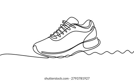 continuous one line drawing of athletic running shoe, minimalist sports footwear outline illustration, fitness and active lifestyle concept for training, jogging and exercise