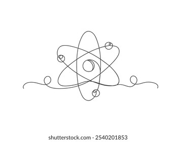 Continuous one line drawing atom or proton nucleus sign symbol isolated vector illustration on white background.