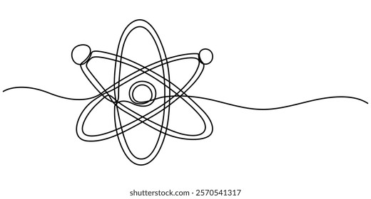 Continuous one line drawing atom or proton nucleus sign symbol isolated vector illustration, Atom symbol line art illustration, Continuous Line Drawing of Science Icon. science icon continuous one. 