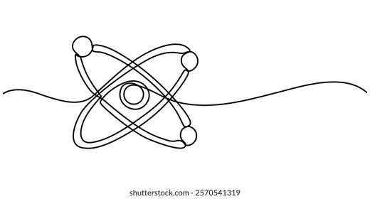 Continuous one line drawing atom or proton nucleus sign symbol isolated vector illustration, Atom symbol line art illustration, Continuous Line Drawing of Science Icon. science icon continuous one. 