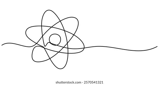 Continuous one line drawing atom or proton nucleus sign symbol isolated vector illustration, Atom symbol line art illustration, Continuous Line Drawing of Science Icon. science icon continuous one. 