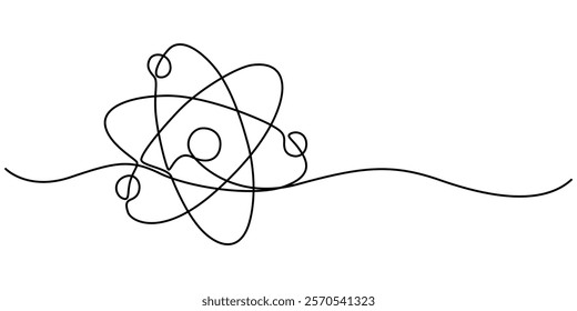 Continuous one line drawing atom or proton nucleus sign symbol isolated vector illustration, Atom symbol line art illustration, Continuous Line Drawing of Science Icon. science icon continuous one. 