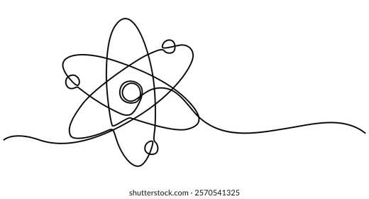 Continuous one line drawing atom or proton nucleus sign symbol isolated vector illustration, Atom symbol line art illustration, Continuous Line Drawing of Science Icon. science icon continuous one. 