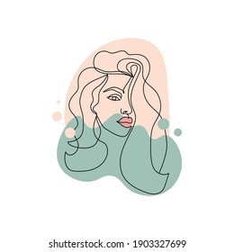 Continuous one line drawing a attractive woman with wavy hair and full lips. Vector illustration of abstract beautiful woman's face isolated on white background