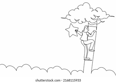 Continuous one line drawing attractive businesswoman standing on stairs and reaching star on sky. Goals and dreams. Business, career, achievement. Single line draw design vector graphic illustration