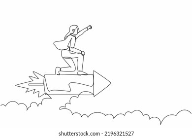 Continuous one line drawing of attractive businesswoman flying high riding firework rocket. Ready to transformation and launching new idea startup business. Single line draw design vector illustration