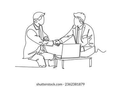 Continuous one line drawing of attractive business men handshake his partner or colleague to deal a project. Business meeting with laptop at office. Single line draw design vector graphic illustration