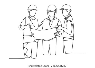 Continuous one line drawing attractive young architect discussing construction design with foreman manager. Building architecture business concept. Single line draw design vector graphic illustration