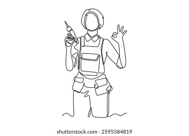 Continuous one line drawing attractive carpenter woman holding power drill in workshop with ok gesture. Enthusiasm for woodworking projects concept. Single line draw design vector graphic illustration