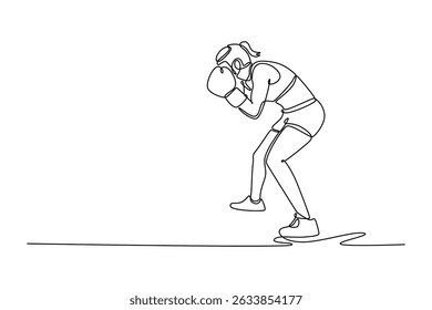 Uma linha contínua desenhando atraente boxeadora feminina fazendo esquivando punch treinamento de habilidade na academia. Exercício de boxe e prática do processo de autocontrole. Ilustração gráfica vetorial de design de desenho de linha única