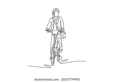 Línea continua que dibuja a la empleada atractiva con el maletín que mira en la distancia, mientras que conduce a casa por su bicicleta. Concepto de viaje ecológico. Ilustración gráfica de Vector de diseño de línea única