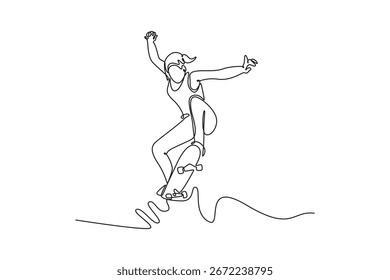 Uma linha contínua desenhando atraente mulher beleza realizando um salto, representando a habilidade, agilidade e estilo de vida urbano de skatista feminino. Ilustração gráfica vetorial de design de desenho de linha única