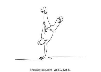 Continuous one line drawing attractive male performing one-handed handstand, core acrobatic move of Capoeira balance, control, and immense strength. Single line draw design vector graphic illustration
