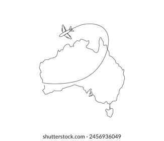 Continuous one line drawing of Australia map with airplane. Australia map combined with airplane simple outline vector illustration. Editable stroke.