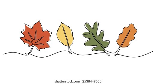 Continuous one line drawing of an autumn maple leaf. Seasonal nature concept for fall and decoration themes. Hand-drawn, minimalist illustration in line art style.